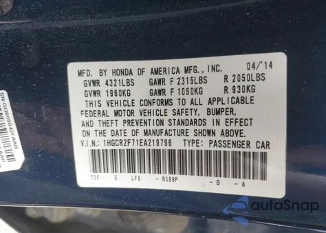 2014 Honda Accord Ex z USA, uszkodzony, nr VIN 1HGCR2F71EA219796